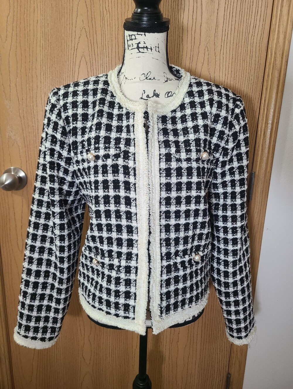 Tahari Black And White Old Money Classic Houndstooth Tweed Blazer Jacket - Picture 1 of 4